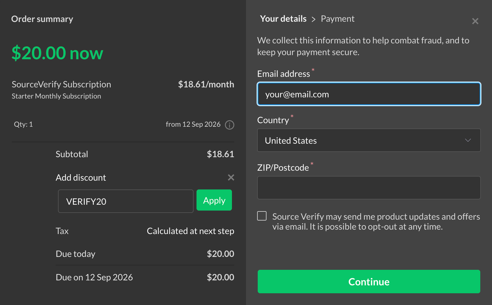 How to redeem the VERIFY20 coupon code at checkout